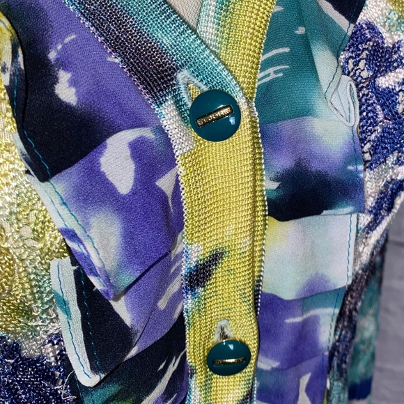 St John. Watercolor Button Up Cardigan in Blues, Yellow, Green. Size XS. - Picture 7 of 12